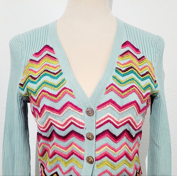 Michael Simon Chevron Knit Cardigan Sweater Women’s Small Silk Blend Embroidered - Picture 2 of 11